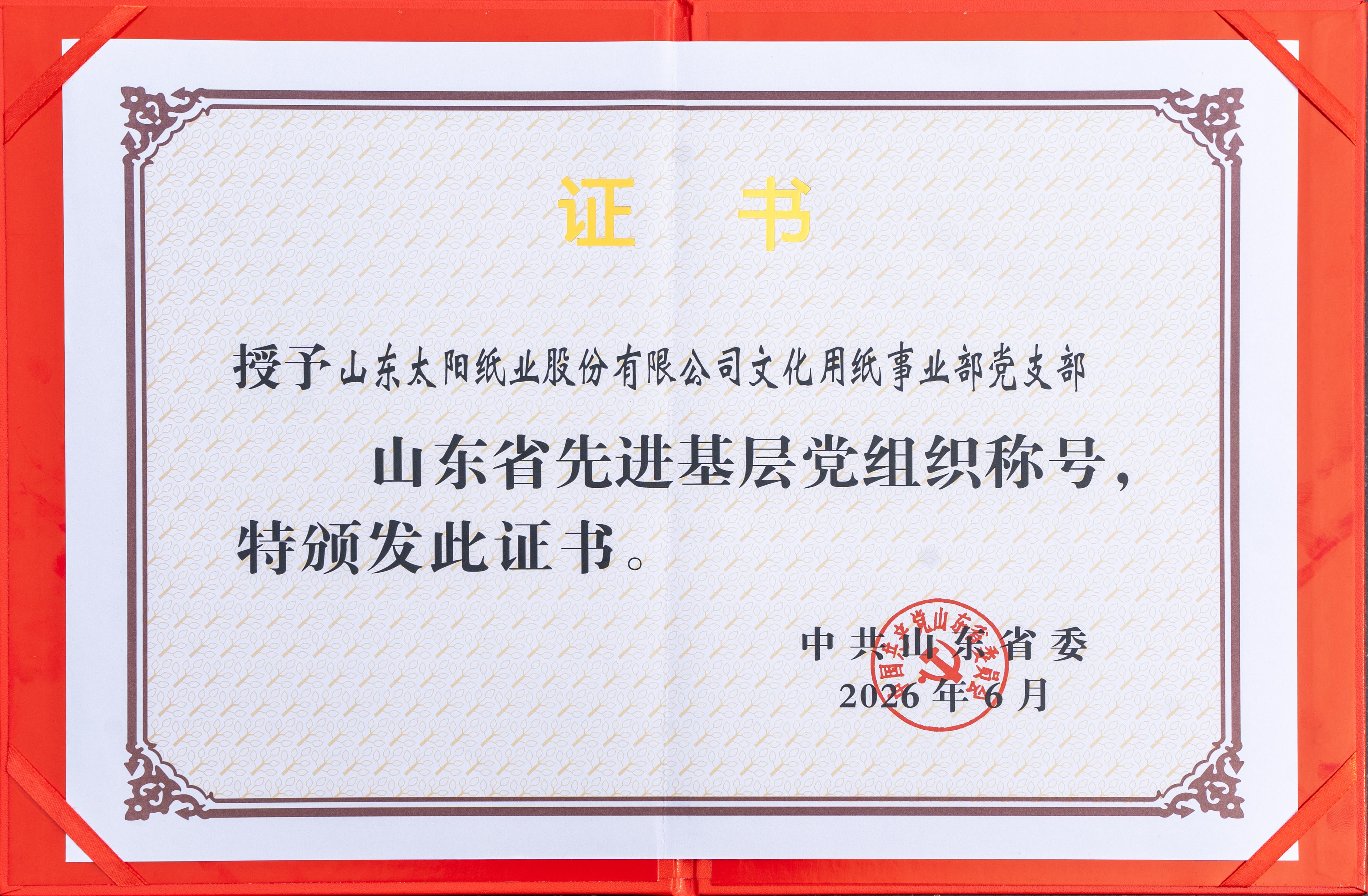 2026.6山东白金体育股份有限公司文化用纸事业部党支部荣获“山东省先进基层党组织”证书.jpg